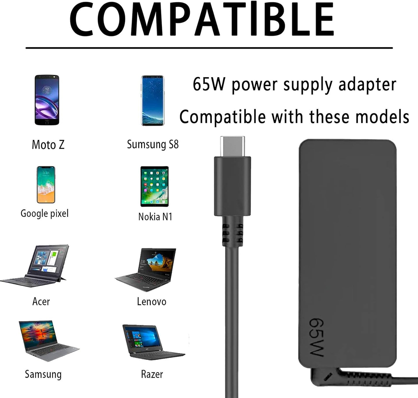 USB-C 65W 45W AC Replacement Charger fit for Lenovo ThinkPad T480 T490 T580 ADLX65YDC2A ADLX65YLC2D ADLX65YDC3A ADLX65YDC2D chromebook 2nd Gen S330 65W Laptop Power Supply Adapter Cord