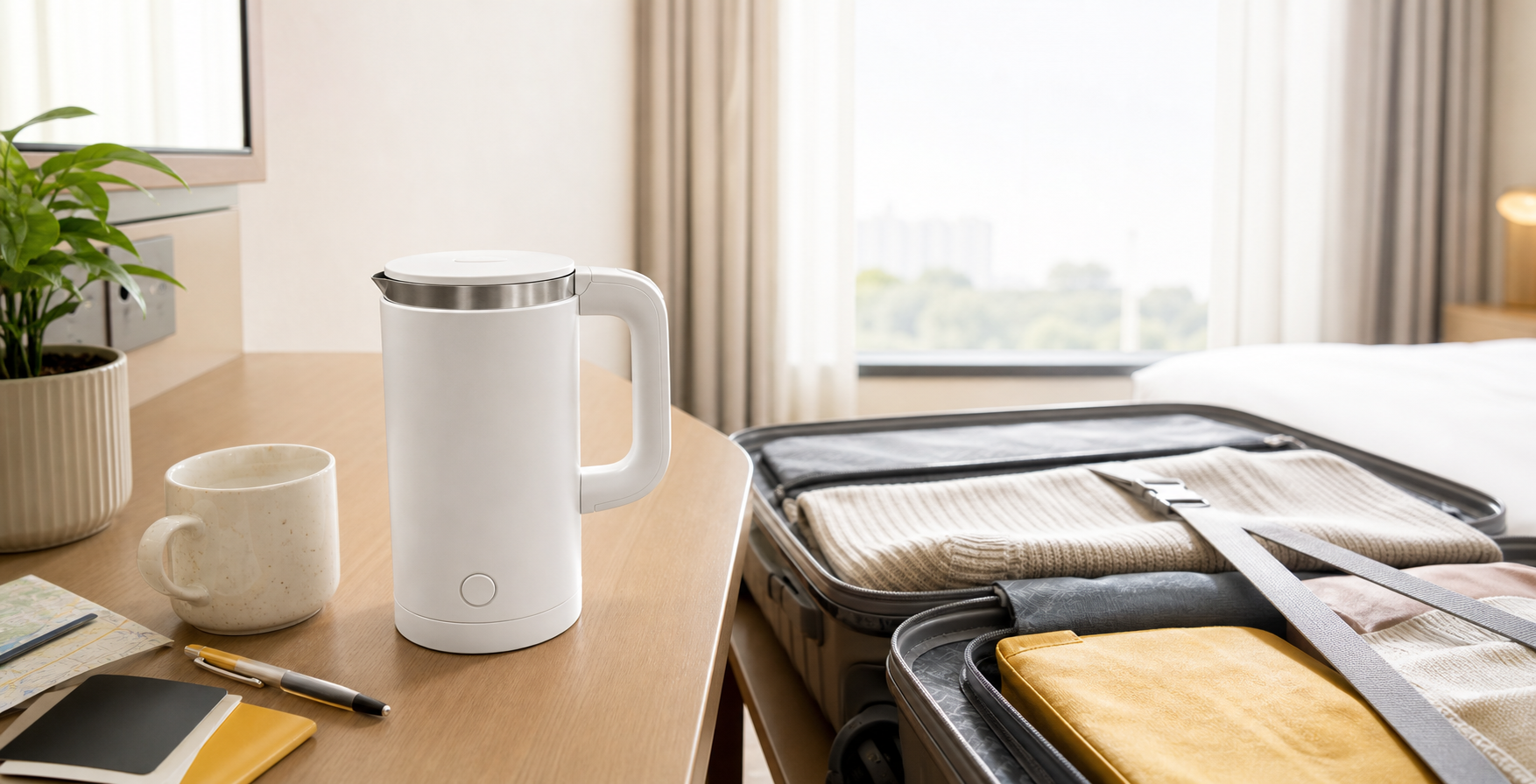 A compact white electric kettle on a hotel desk beside a packed suitcase.