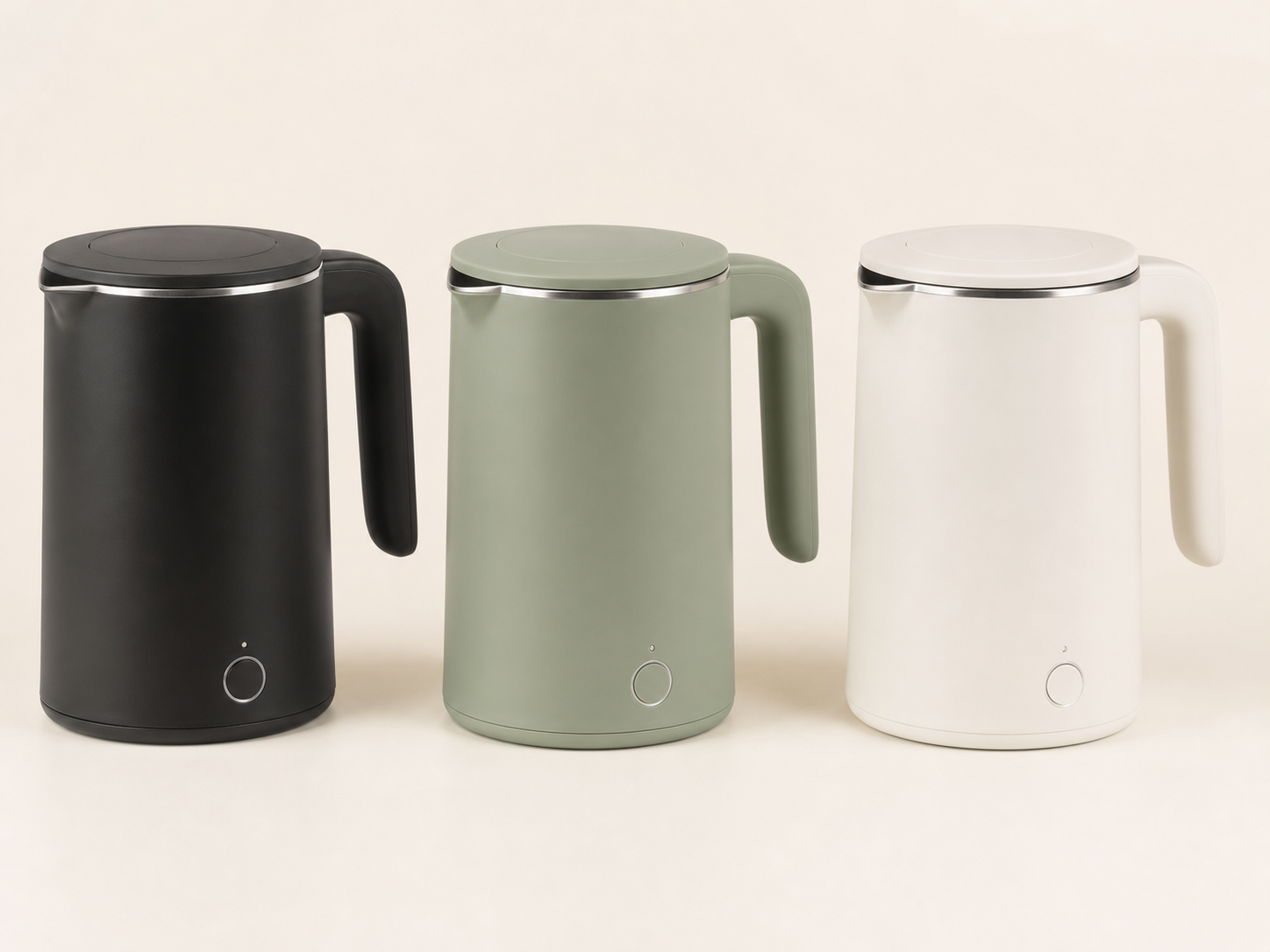 Milipow portable electric kettle in black, sage green, and white.