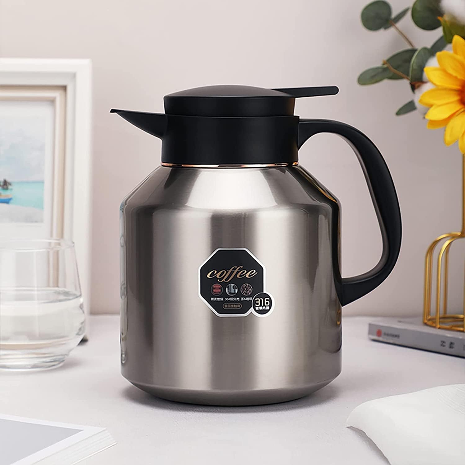 Premium 1.7L Stainless Steel Vacuum Insulated Coffee Bottle - Double Walled Hot Beverage Thermos - Keeps Drinks Hot for 12 Hours and Cold for 24 Hours - Stylish Silver Household Kettle