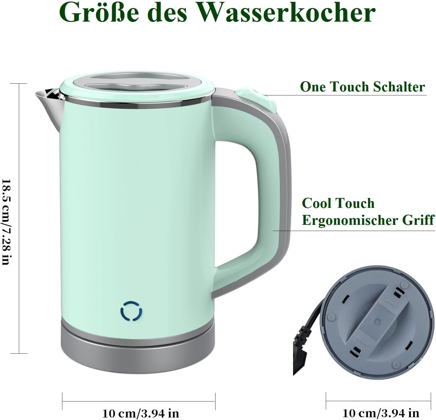 MiliPow 800ML Reisewasserkocher, 5 Minuten schnelles Kochen, Tragbarer Wasserkocher, Mini Camping Wasserkocher, Reise Wasserkocher, Leise, Teekanne aus Edelstahl (Grün)