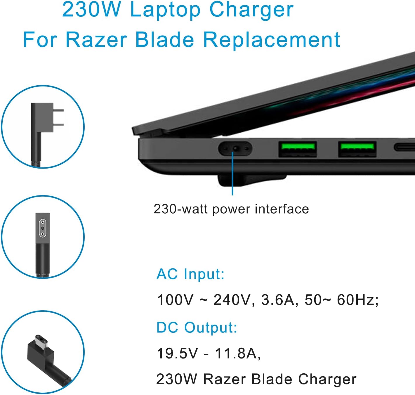 MiliPow 230W 19.5V 11.8A RC30-0248 Charger For Razer Blade Pro 17 and Razer Blade 15 w/GTX1070/RTX2070/RTX2080