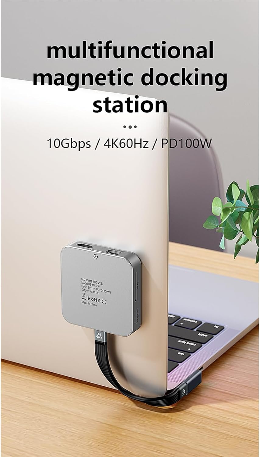 Magnetic M.2 2230 NVMe SSD Enclosure for iPhone 16 15 Pro/Max Pro,10Gbps USB C 3.2 to NVMe M.2 Adapter,Aluminum External SSD Reader for Android/iPad/MacBook,4K@60Hz HDMI,100W PD Charging