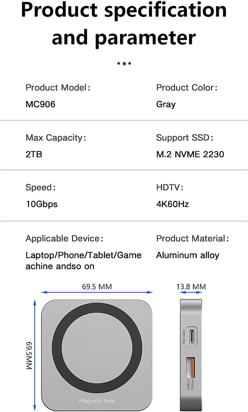 Magnetic M.2 2230 NVMe SSD Enclosure for iPhone 16 15 Pro/Max Pro,10Gbps USB C 3.2 to NVMe M.2 Adapter,Aluminum External SSD Reader for Android/iPad/MacBook,4K@60Hz HDMI,100W PD Charging