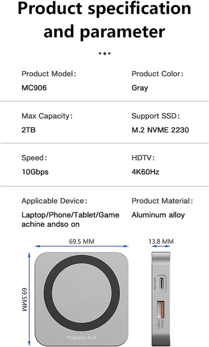 Magnetic M.2 2230 NVMe SSD Enclosure for iPhone 16 15 Pro/Max Pro,10Gbps USB C 3.2 to NVMe M.2 Adapter,Aluminum External SSD Reader for Android/iPad/MacBook,4K@60Hz HDMI,100W PD Charging