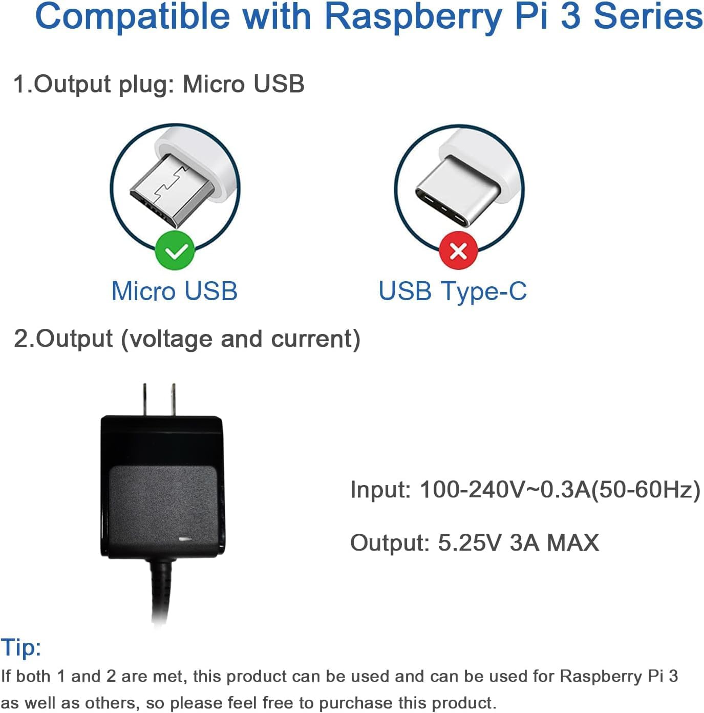 5.25V 3A Micro USB Wall Charger for Raspberry Pi 3 B+ Power Supply Includes 1.8M (5.4 Ft) Power Cord