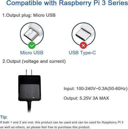 5.25V 3A Micro USB Wall Charger for Raspberry Pi 3 B+ Power Supply Includes 1.8M (5.4 Ft) Power Cord