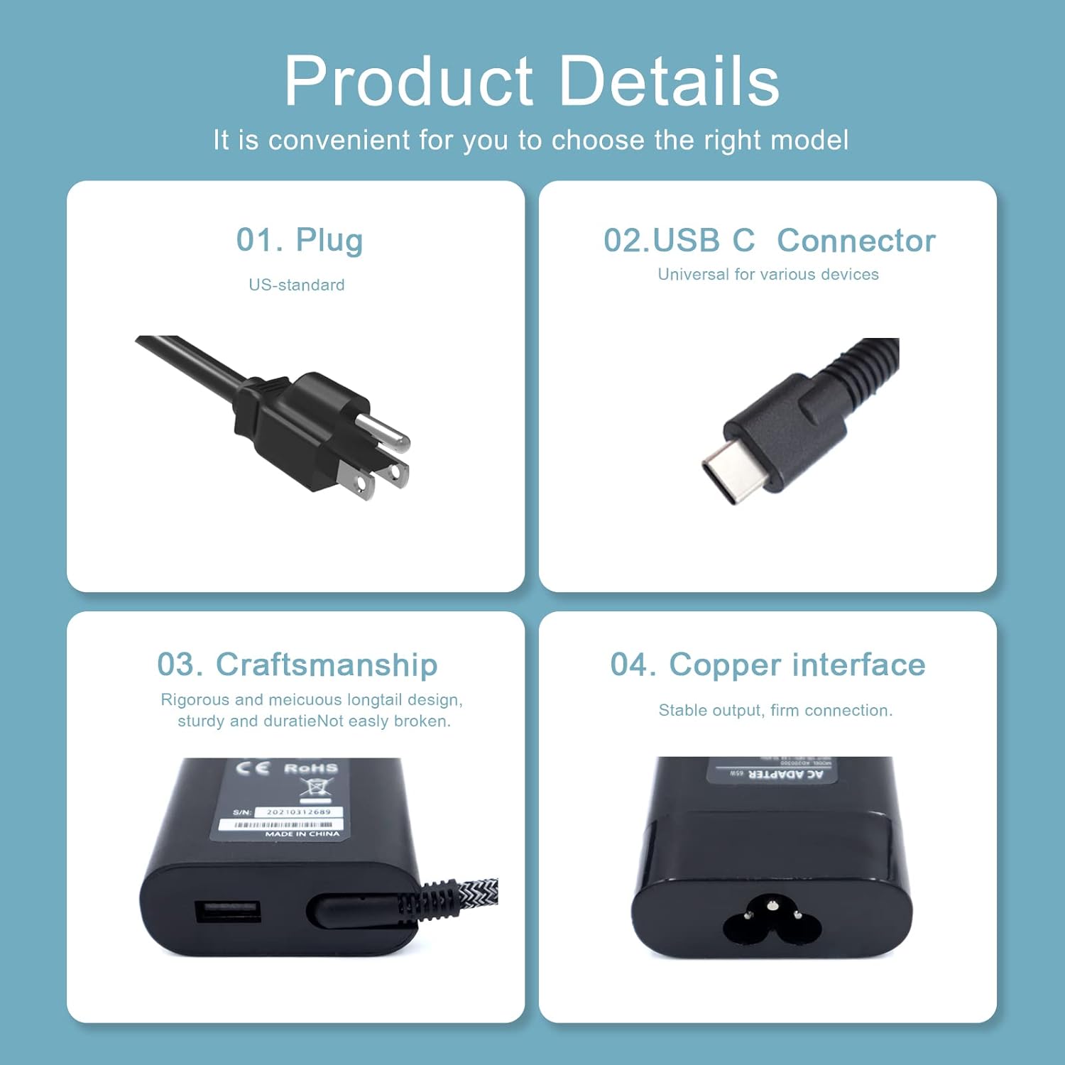 USB C 65W GaN AC Adapter with 1 USB-A Port Fits HP Chromebook X360 11 12 15 EliteBook x360 1020 1030 G7 1040 Pavilion x2, TPN-CA10 PA-1650-38HT Power Supply Adapter Cord