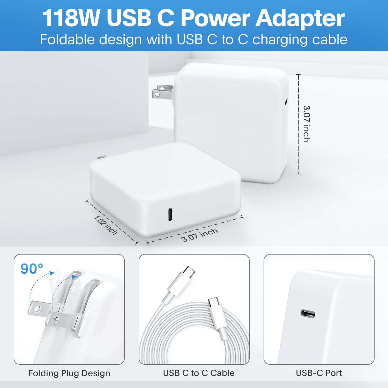 Mac Book Pro Charger - 118W USB C Fast Charger Power Adapter Compatible with USB C Port MacBook Pro/MacBook Air 16 15 14 13 Inch, New iPad Pro and All USB C Device, Include Charge Cable 6.6ft