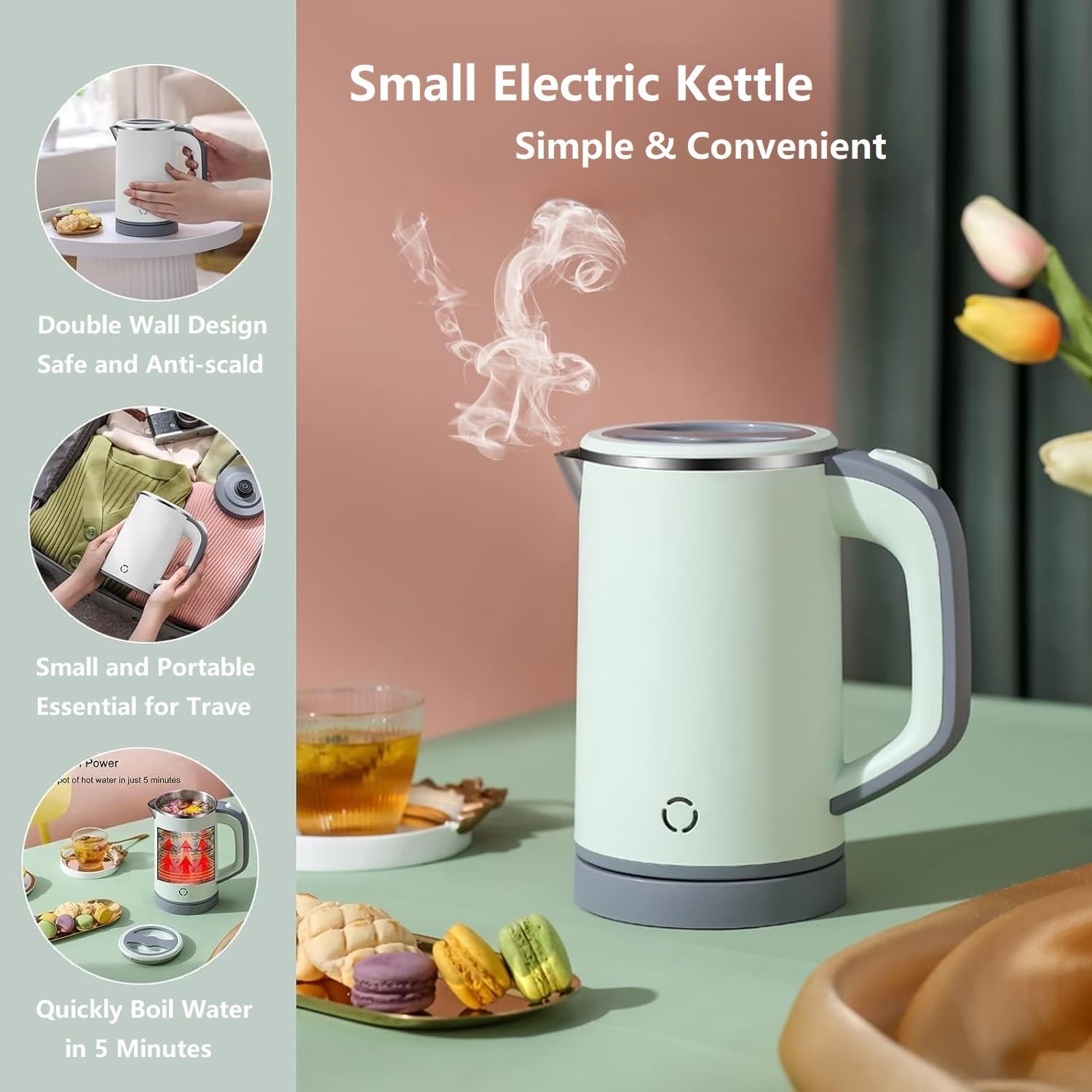 MiliPow Travel Electric Kettle 0.8L, 600W/5Mins Rapid Boil, BPA-Free Stainless Steel Interior, Auto Shut-Off & Boil-Dry Protection, Cordless Small Kettle for Travel, Camping, Home and Office