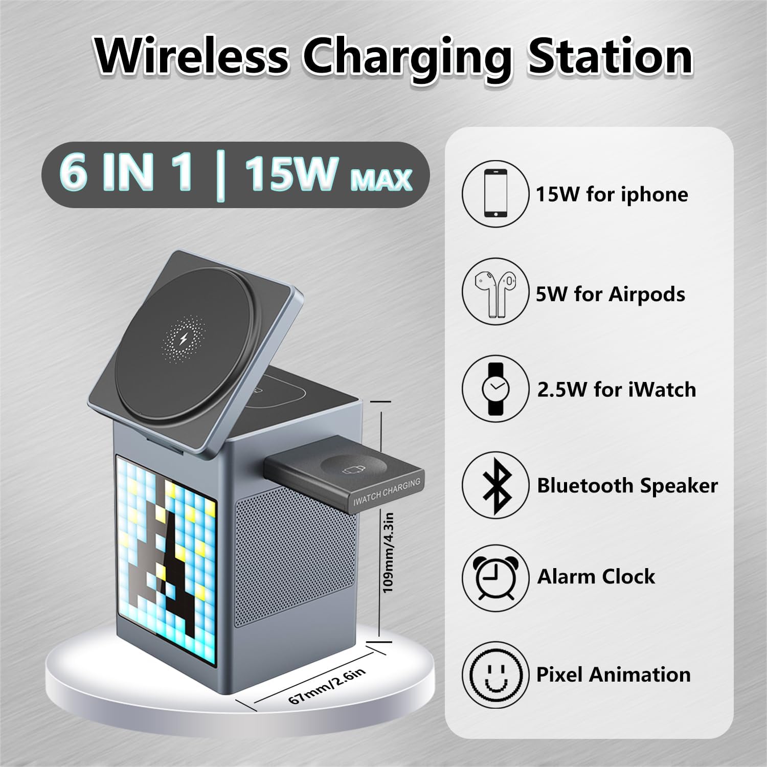 15W 3 in 1 Wireless Charging Station with Pixel Speaker Alarm Clock