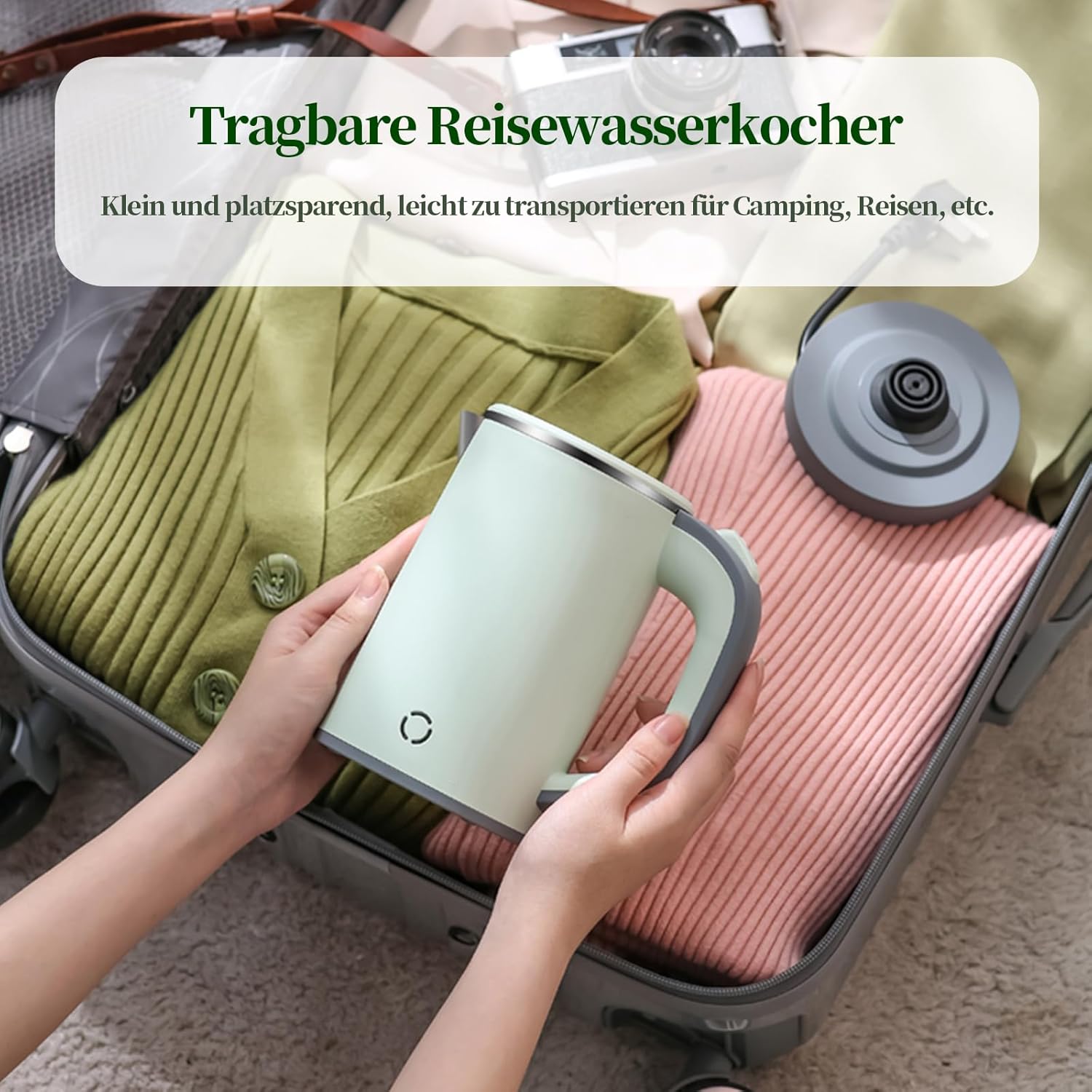 MiliPow 800ML Reisewasserkocher, 5 Minuten schnelles Kochen, Tragbarer Wasserkocher, Mini Camping Wasserkocher, Reise Wasserkocher, Leise, Teekanne aus Edelstahl (Grün)